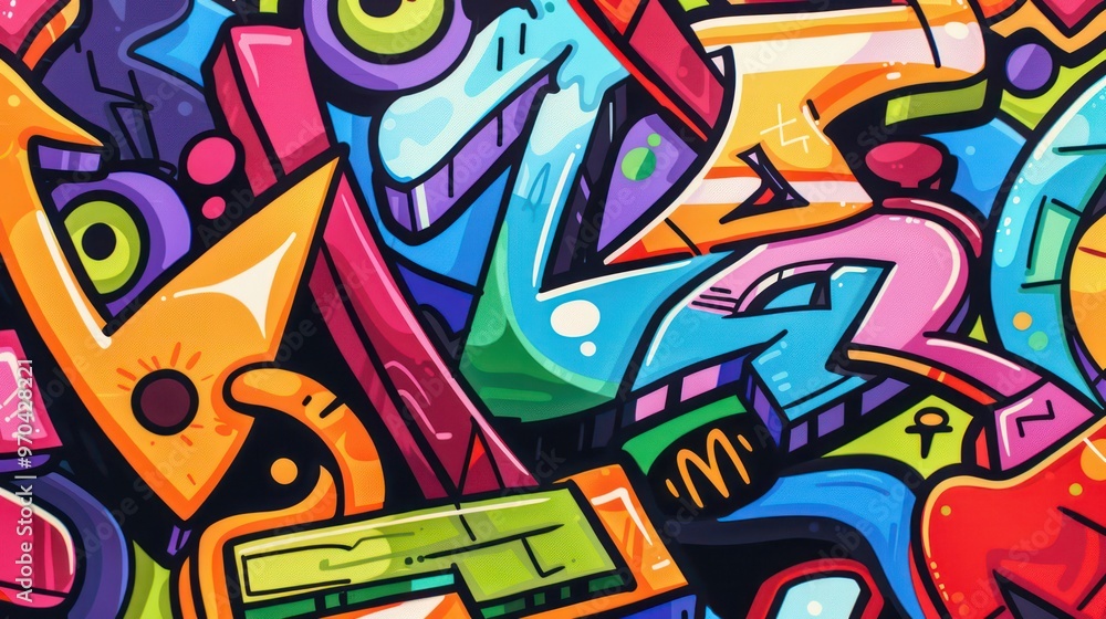 A vibrant graffiti mural featuring colorful abstract shapes and playful designs, showcasing urban artistic expression. A vibrant graffiti mural featuring colorful abstract shapes and playful designs, showcasing urban artistic expression.