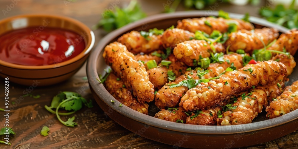 Crispy Deep Fried Baby Corn Pakora with Ketchup Traditional Indian Snack Crispy Deep Fried Baby Corn Pakora with Ketchup Traditional Indian Snack