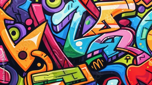 A vibrant graffiti mural featuring colorful abstract shapes and playful designs, showcasing urban artistic expression.