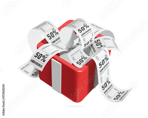 Many receipts paper with a 50% off promotional message placed in red gift boxes to give as gifts to customers, vector 3d isolated for online shopping advertising design, vector for advertisement
