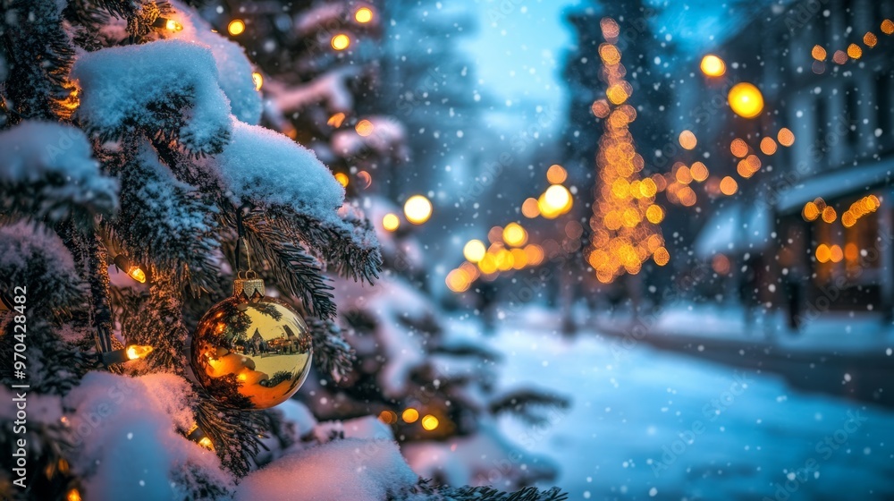Decorated Christmas tree with ornaments and glowing lights on a snowy street, with festive blur bokeh in the background. Snow is gently falling at twilight. Decorated Christmas tree with ornaments and glowing lights on a snowy street, with festive blur bokeh in the background. Snow is gently falling at twilight.