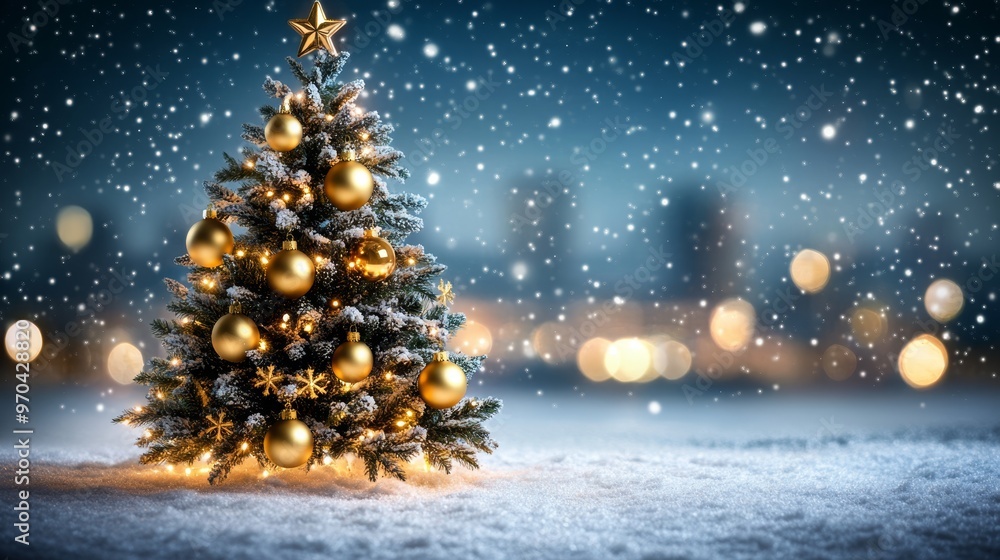 custom made wallpaper toronto digitalDecorated Christmas tree with ornaments and glowing lights on a snowy street, with festive blur bokeh in the background. Snow is gently falling at twilight.