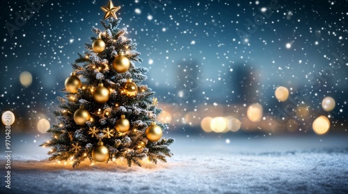 Wallpaper Mural Decorated Christmas tree with ornaments and glowing lights on a snowy street, with festive blur bokeh in the background. Snow is gently falling at twilight. Torontodigital.ca