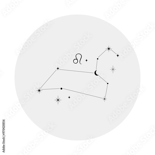 Leo astrology zodiac sign and star constellation with moon. Mystical magic talisman tattoo, poster, sticker. Boho illustration.