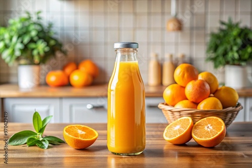 A glass bottle of orange juice sits on a wooden table next to a bowl of oranges