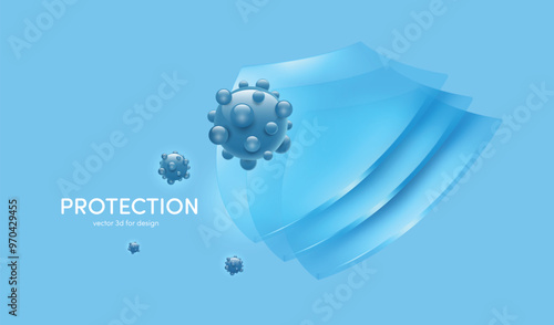 Triple glass shield protects against viruses or germs and dirt, 3D vector on blue background for advertising design for disinfectant or prophylactic medicine, glass shield for design