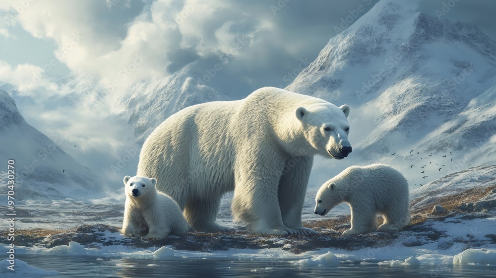 Polar bear mother and two cubs standing on a rocky shore in front of snow-capped mountains with a frozen lake in the foreground. Polar bear mother and two cubs standing on a rocky shore in front of snow-capped mountains with a frozen lake in the foreground.