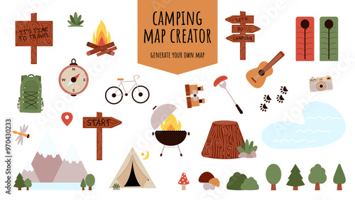 Camping and Hiking elements set for creating childrens camp. Mountains, bike, trees and other stickers for summer trip. Vector flat illustration on transparent background