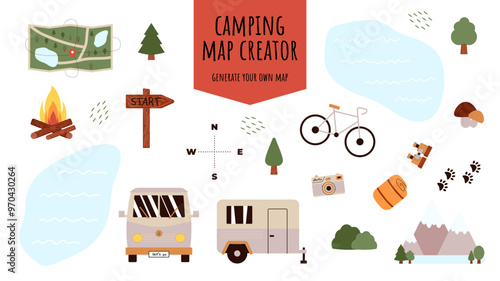 Camping and Hiking elements set for constructing childrens camp. Mountains, lakes, car, trees and other objects for summer trip. Vector flat illustration on transparent background