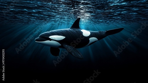 Majestic black and white orca swimming in the ocean, line art, empty coloring book page, realistic, high-quality, wildlife, power::1 striking markings, sleek body, majestic presence, untamed