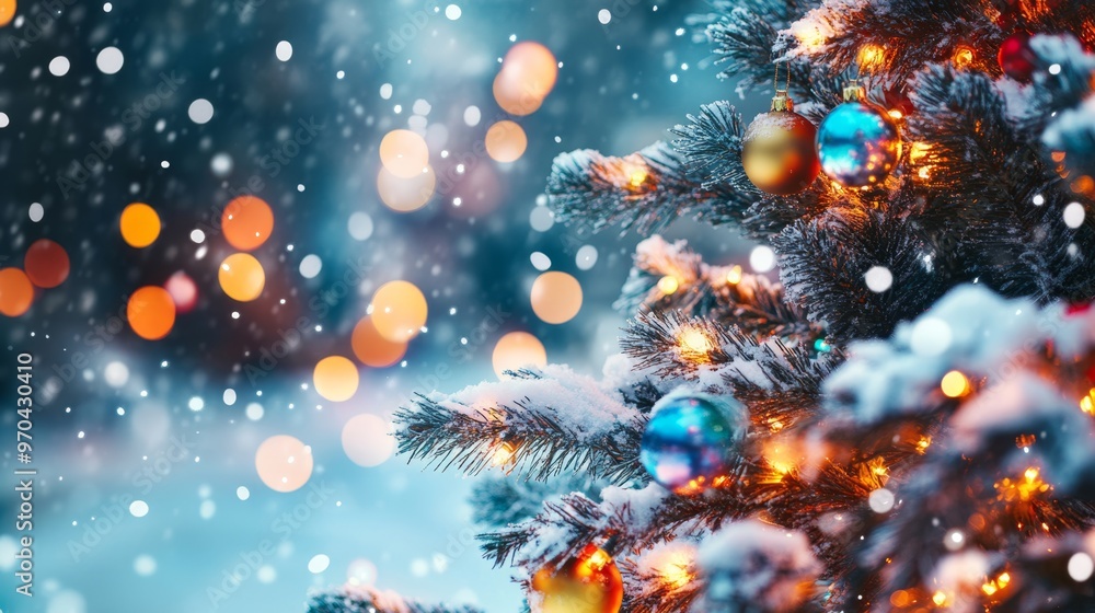 Decorated Christmas tree with ornaments and glowing lights on a snowy street, with festive blur bokeh in the background. Snow is gently falling at twilight. Decorated Christmas tree with ornaments and glowing lights on a snowy street, with festive blur bokeh in the background. Snow is gently falling at twilight.