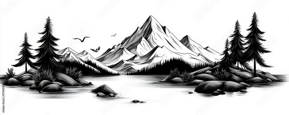 Majestic mountain landscape with snow-capped peaks, evergreen trees, and a flowing river, black and white, line art, breathtaking, grandeur, wilderness, outdoor adventure ::1.2 hikers, camping Majestic mountain landscape with snow-capped peaks, evergreen trees, and a flowing river, black and white, line art, breathtaking, grandeur, wilderness, outdoor adventure ::1.2 hikers, camping