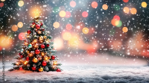 Decorated Christmas tree with ornaments and glowing lights on a snowy street, with festive blur bokeh in the background. Snow is gently falling at twilight.