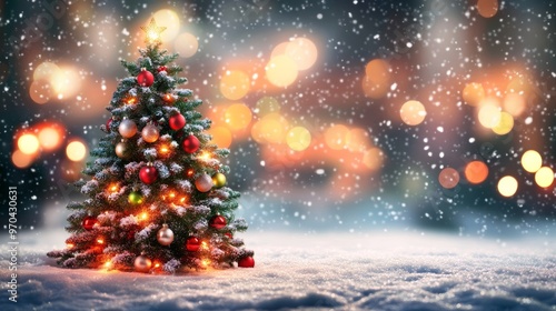 Decorated Christmas tree with ornaments and glowing lights on a snowy street, with festive blur bokeh in the background. Snow is gently falling at twilight.