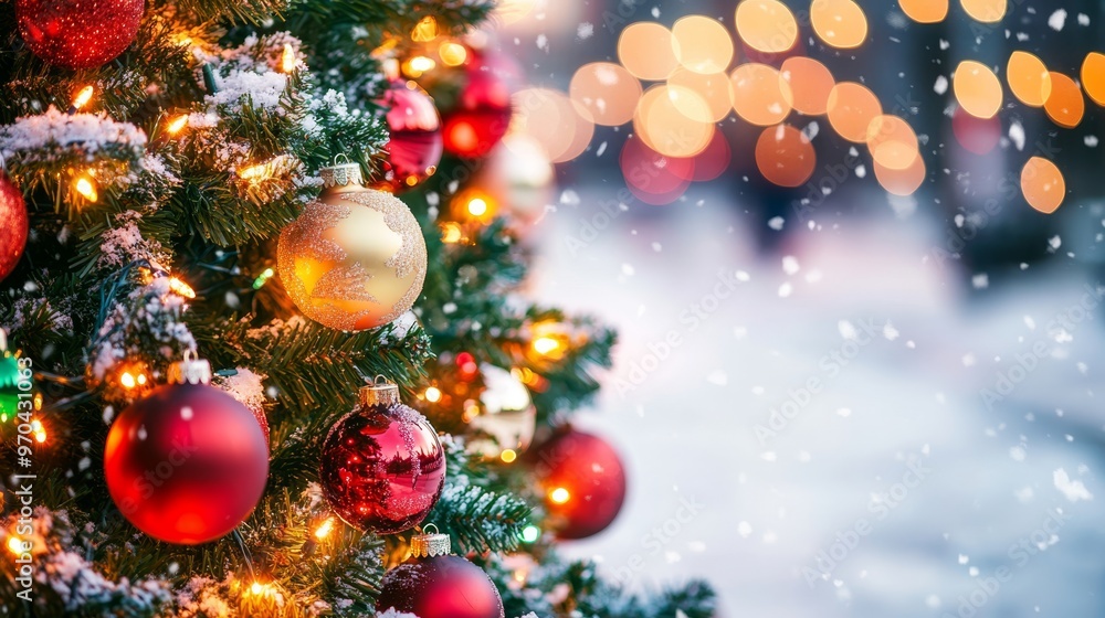 Decorated Christmas tree with ornaments and glowing lights on a snowy street, with festive blur bokeh in the background. Snow is gently falling at twilight. Decorated Christmas tree with ornaments and glowing lights on a snowy street, with festive blur bokeh in the background. Snow is gently falling at twilight.