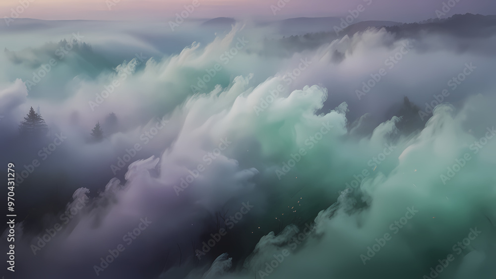 Fototapeta premium Abstract background of fog swirling in the air, blending with soft pastel colors like lavender, mint green, and sky blue