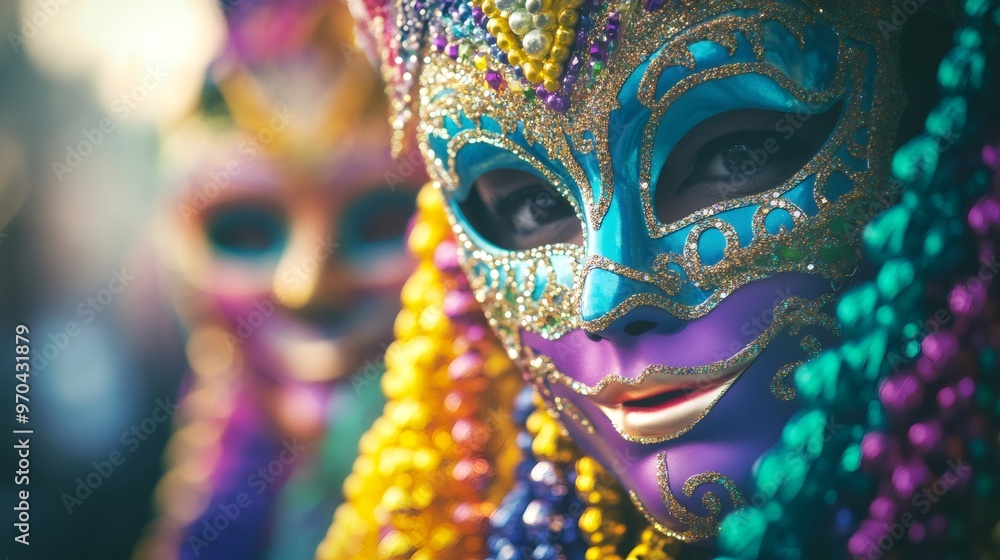 Close up of a woman wearing a bright blue and purple masquerade mask with gold glitter. Close up of a woman wearing a bright blue and purple masquerade mask with gold glitter.