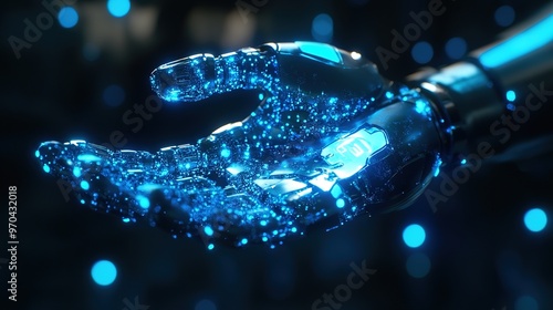 Industrial robots. Formation of Glow Blue particles in a 3d robot hand model