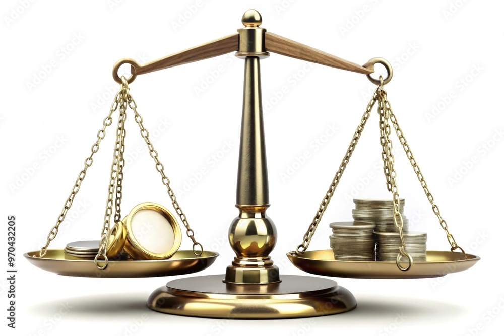 A gold scale with two rings on each side and coins on the right side A gold scale with two rings on each side and coins on the right side