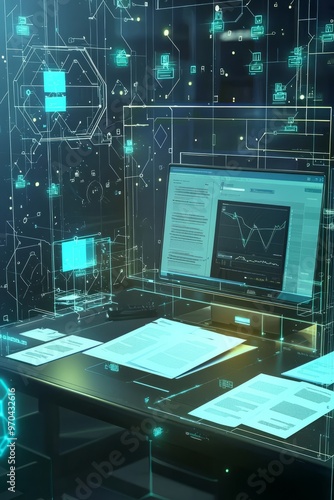 A virtual data room concept with interactive elements for uploading and categorizing sensitive documents. The visualization includes access logs and compliance monitoring, Generative AI photo