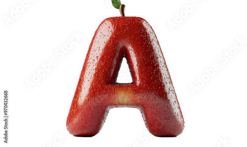 Photo realistic image of the alphabet letter A with an apple fruit theme, background isolation, full depth of field