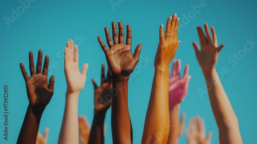 Diverse Hands Raised in Unity Against a Blue Sky