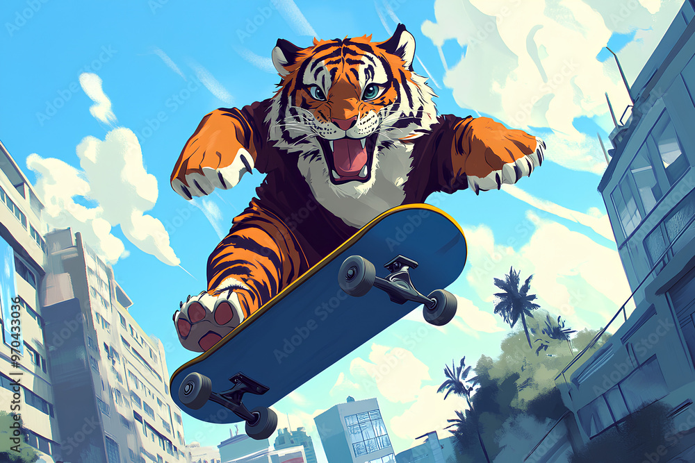 A tiger skateboarding through a cityscape, showcasing a vibrant urban scene. A tiger skateboarding through a cityscape, showcasing a vibrant urban scene.