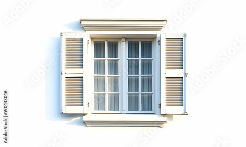 White wood shutters window frame isolated on a white background