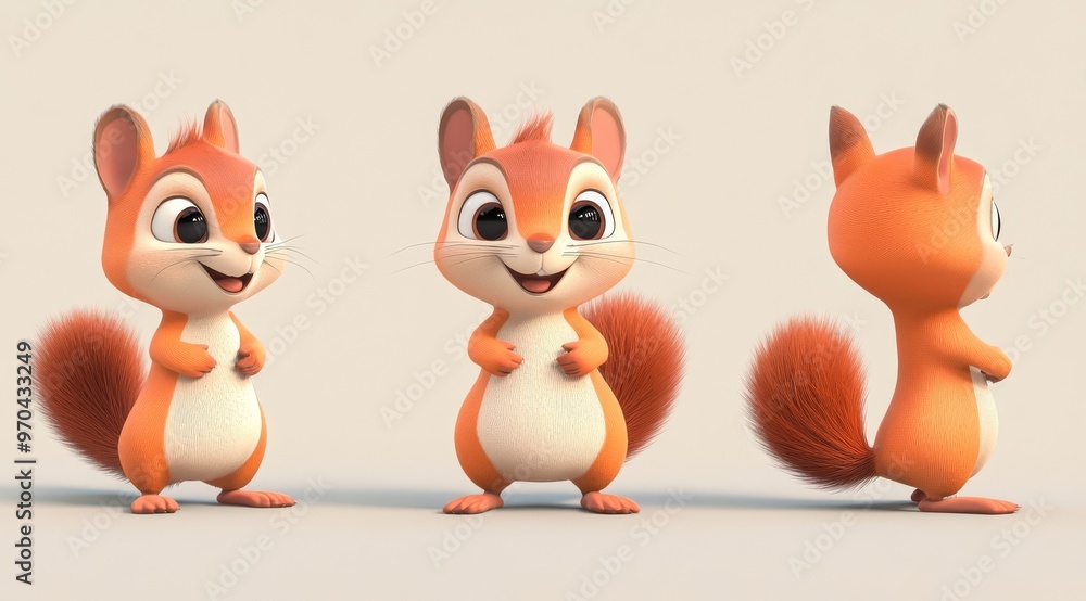 3D rendering of an adorable cartoon squirrel character in three different poses with a neutral background, ideal for animation and storytelling. 3D rendering of an adorable cartoon squirrel character in three different poses with a neutral background, ideal for animation and storytelling.