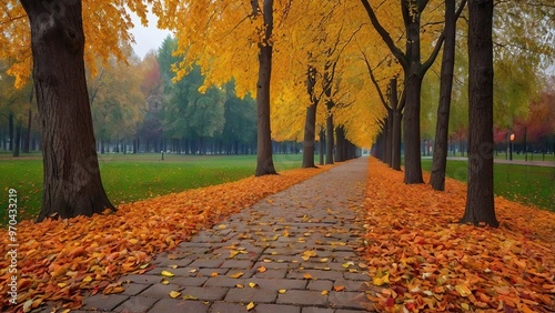 A picturesque autumn avenue with golden trees and a carpet of fallen leaves along a paved path in the park