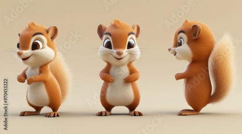 3D rendering of an adorable cartoon squirrel character showing front, back, and side views on a neutral background.