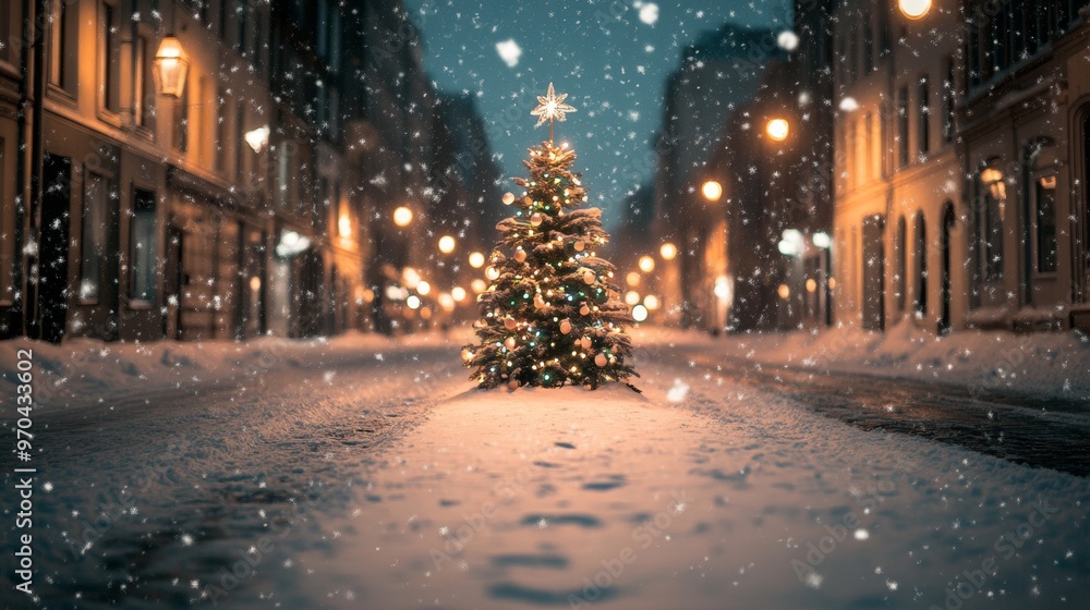 Decorated Christmas tree with ornaments and glowing lights on a snowy street, with festive blur bokeh in the background. Snow is gently falling at twilight. Decorated Christmas tree with ornaments and glowing lights on a snowy street, with festive blur bokeh in the background. Snow is gently falling at twilight.