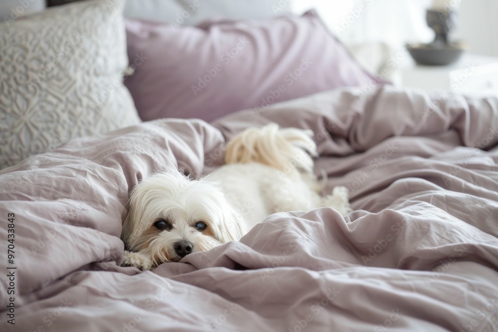 Cute dog resting on a cozy bed with soft linens, surrounded by pillows in pastel shades of purple A peaceful and warm atmosphere radiates comfort and relaxation Cute dog resting on a cozy bed with soft linens, surrounded by pillows in pastel shades of purple A peaceful and warm atmosphere radiates comfort and relaxation