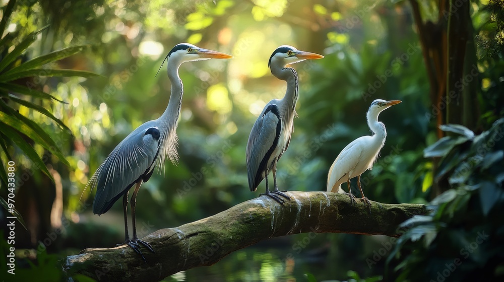 Fototapeta premium Three herons perched on a branch in a lush green forest setting.