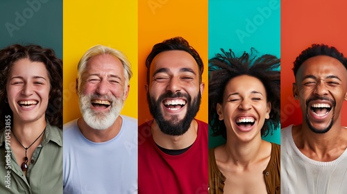 Collage of cheerful adults expressing happiness, beautiful white smiles, and diverse backgrounds, portrait shot with a plain background