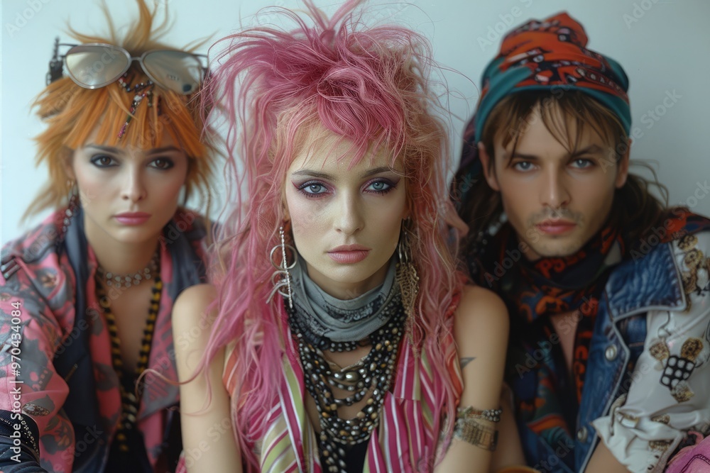 Obraz premium 1980s 1990s style. Punk fashion as a reaction to the hippie movement of past decades and against materialistic values of current decade. Retro, pop, hipster, neon, colorful, nineteenth.