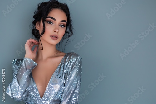 Fashionable Woman in a Silver Sequin Dress on a Plain Grey Backdrop, Portrait Shot, Full Body Shot, Silver Sequin Dress, Grey Backdrop