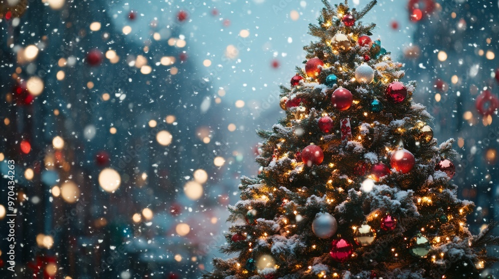Decorated Christmas tree with ornaments and glowing lights on a snowy street, with festive blur bokeh in the background. Snow is gently falling at twilight. Decorated Christmas tree with ornaments and glowing lights on a snowy street, with festive blur bokeh in the background. Snow is gently falling at twilight.