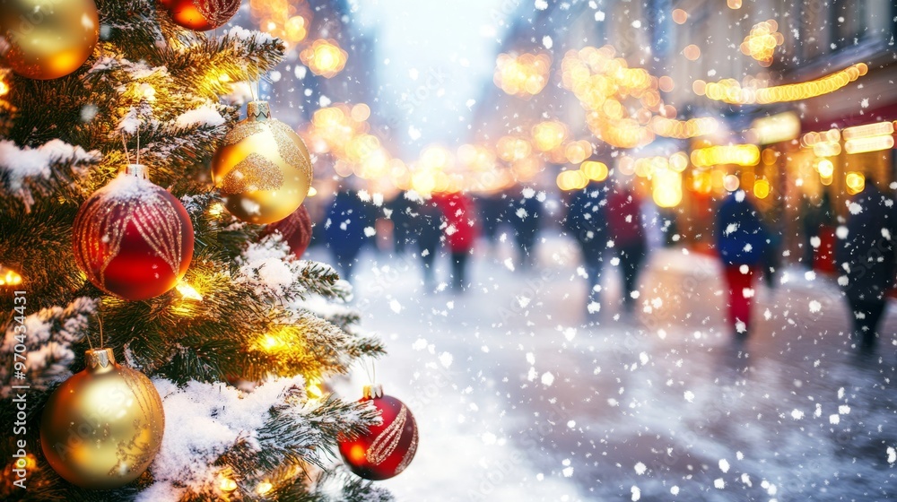 Decorated Christmas tree with ornaments and glowing lights on a snowy street, with festive blur bokeh in the background. Snow is gently falling at twilight. Decorated Christmas tree with ornaments and glowing lights on a snowy street, with festive blur bokeh in the background. Snow is gently falling at twilight.