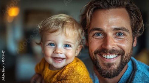 Close-up of a cute little boy having fun riding on his father's back, laughing and playing in the living room, happy family activity concept, high-resolution stock photo contest winner.