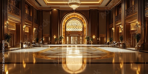 expensive hotel lobby with luxury gold wooden panels, carvings royal style and elegant glowing floor 