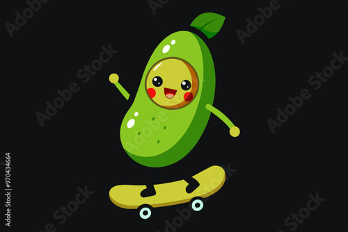  Cute Cool Avocado Playing Skateboard Cartoon Vector Icon Illustration Food Sport Isolated Flat vector art illustration photo