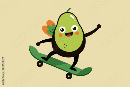  Cute Cool Avocado Playing Skateboard Cartoon Vector Icon Illustration Food Sport Isolated Flat vector art illustration photo