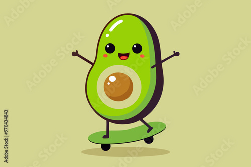  Cute Cool Avocado Playing Skateboard Cartoon Vector Icon Illustration Food Sport Isolated Flat vector art illustration photo