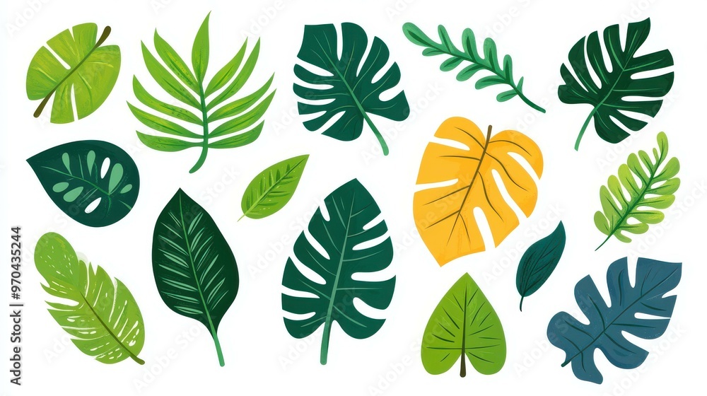 Obraz premium Vibrant green leaves on a clean white backdrop, showcasing modern flat design with charming cartoonstyle textures.