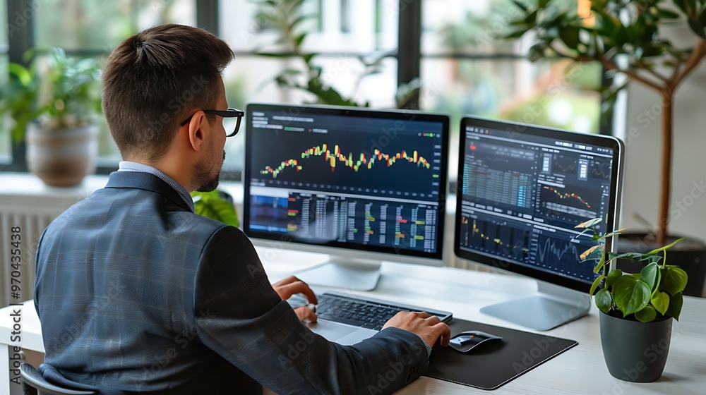 Businessman Typing on Laptop with Dual Monitors, Copy Space, Portrait Shot Businessman Typing on Laptop with Dual Monitors, Copy Space, Portrait Shot