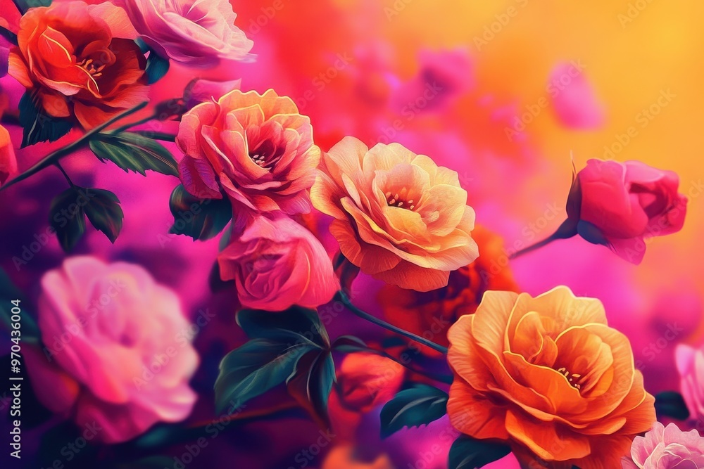 A vibrant arrangement of colorful roses in a dreamy background, showcasing their beauty and elegance. A vibrant arrangement of colorful roses in a dreamy background, showcasing their beauty and elegance.