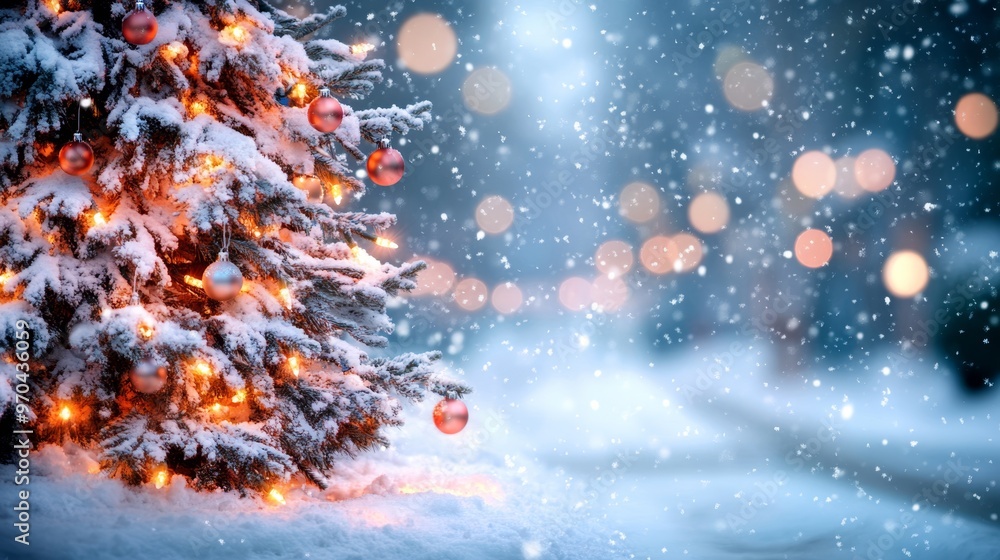 Decorated Christmas tree with ornaments and glowing lights on a snowy street, with festive blur bokeh in the background. Snow is gently falling at twilight. Decorated Christmas tree with ornaments and glowing lights on a snowy street, with festive blur bokeh in the background. Snow is gently falling at twilight.