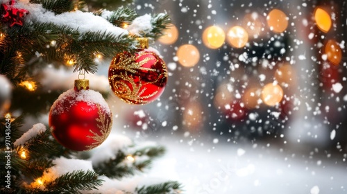 Decorated Christmas tree with ornaments and glowing lights on a snowy street, with festive blur bokeh in the background. Snow is gently falling at twilight.