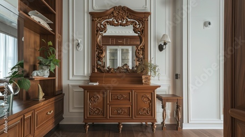 Elegant wooden wardrobe and Mirror with decorative elements in the room AI generated image